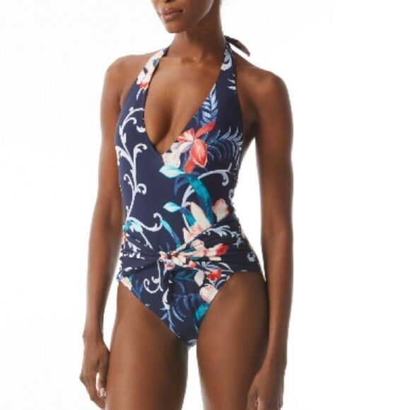 CARMEN MARC VALVO Women's Floral-Print V-Neck Halter One-Piece Swimsuit swim 14 - Picture 2 of 11
